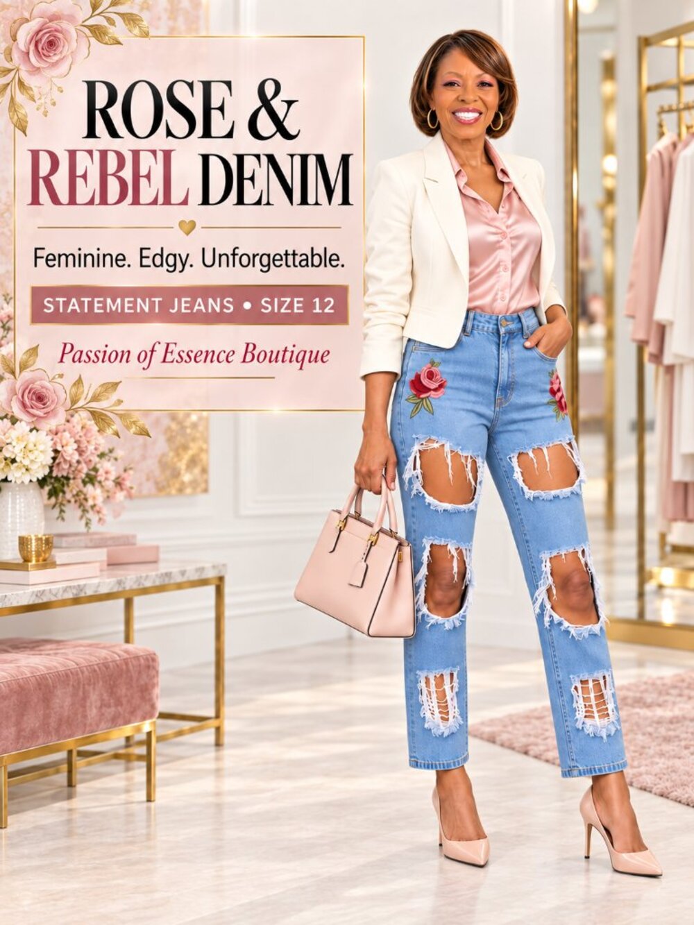 Rose Embroidered High Rise Distressed Straight Leg Jeans Women’s Size 12/L